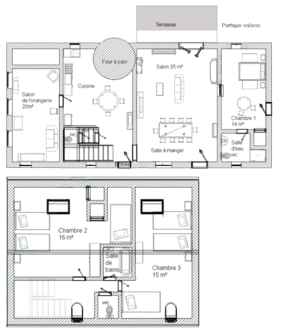 Plan du gîte 2 à 4 personnes du Château de la Guimonière à Rochefort sur Loire (49)